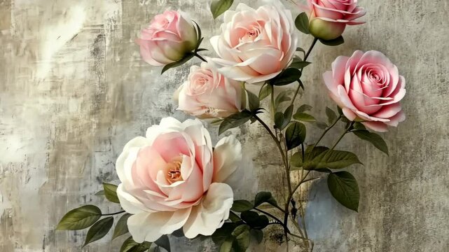 A bouquet of pink roses sits against a textured gray wall