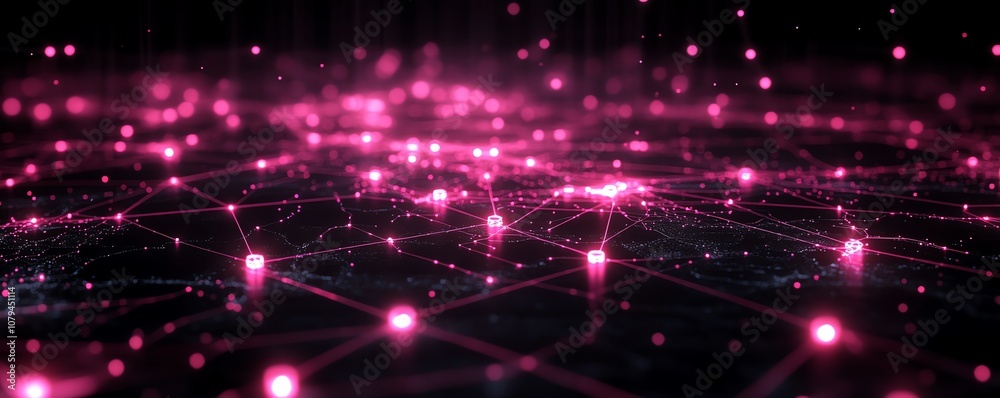 Poster digital node system software concept, 3d illustration of pink node buttons on dark technological int