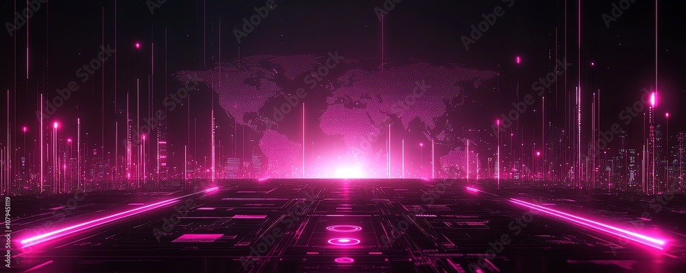 Poster digital node system software concept, 3d illustration of pink node buttons on dark technological int