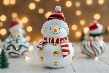 Three cheerful snowmen on a table, adorned with hats and scarves, set against a snowy winter backdrop.