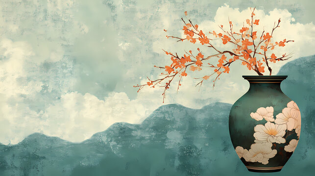 This illustration is 'celadon prunus vase with inlaid cloud and crane design', a celadon from the goryeo dynasty in korea. it is a national treasure of korea. Celadon. Illustration