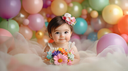 Fototapeta premium Adorable Baby Girl Smiles Amidst Pastel Balloons, Holding Colorful Flowers in a Delicate Dress.