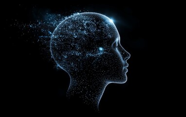Futuristic AI and education theme, 3D rendering of digital blue human head silhouette with microcircuit details, dark background, advanced learning technology concept