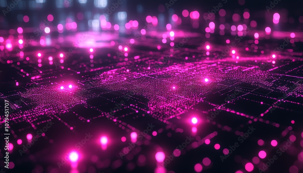 Poster futuristic node network system, 3d pink node buttons on dark interface with world map contour and gl