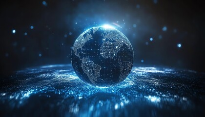 Global telecommunication network concept, digital globe with orbit trails, dark and abstract backdrop, hightech internet theme, 3D rendering, blue and silver glow