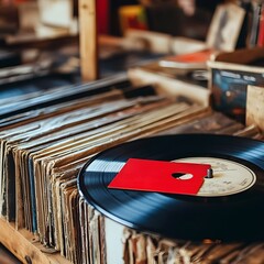 Close up on vintage vinyl record at discounted price with red tag offered for final sale lying on table at second hand shop