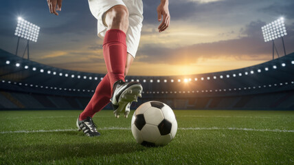Fototapeta premium A soccer player kicks a ball on a field. The sky is cloudy and the sun is setting