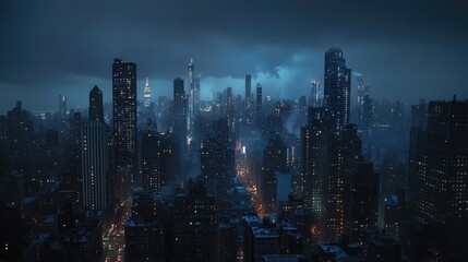 Fototapeta premium A dramatic aerial view of a city skyline at night, shrouded in fog.