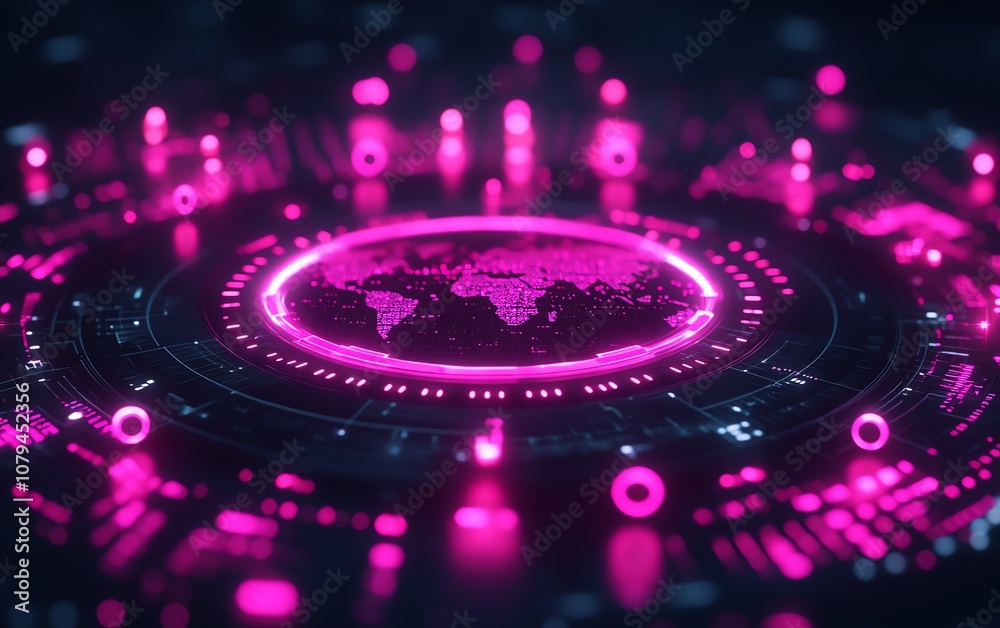 Poster node system software concept, 3d illustration of pink node buttons on dark technological interface b