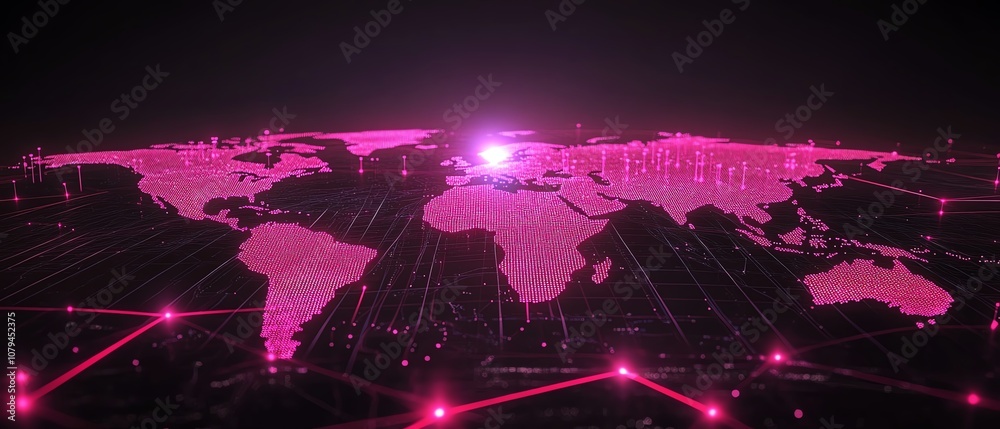 Poster node system software illustration, pink node buttons connected in network on dark technological inte