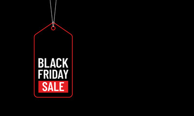 Creative Black Friday banner design with hanging sales tag on isolated black background and space for text or copy