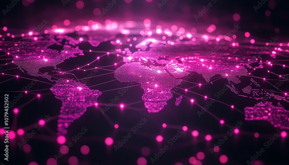 Poster node system software with pink nodes, 3d rendering on dark technological interface background with w