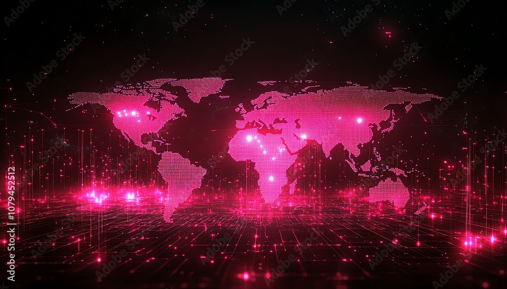 Poster node system software with pink nodes, 3d rendering on dark technological interface background with w