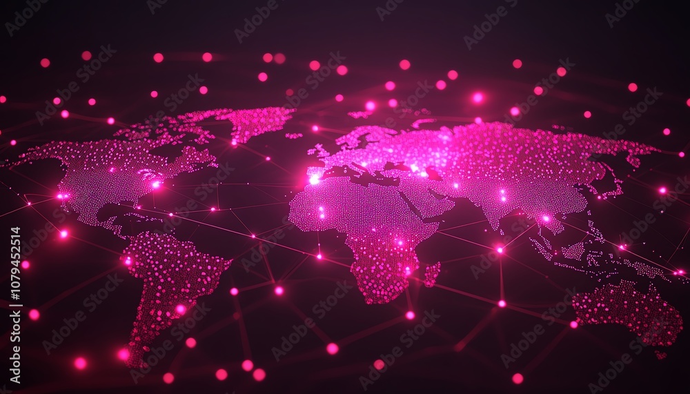 Poster node system software with pink nodes, 3d rendering on dark technological interface background with w