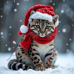 Festive snowy scene with a bengal cat wearing a santa hat and red scarf surrounded by christmas lights, photorealism of holiday theme concept.