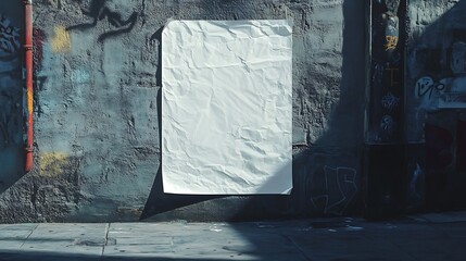 A blank poster on a textured urban wall, suggesting potential for art or announcements.