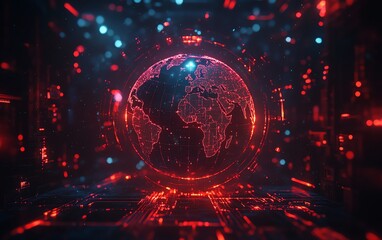 World globe with digital orbits, surrounded by satellite paths, futuristic internet and telecommunication concept, dark abstract background, 3D rendering, neon accents