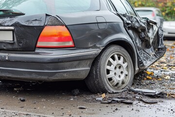 Damaged car in a parking lot. This image could be used to illustrate the consequences of reckless driving or to raise awareness about road safety.