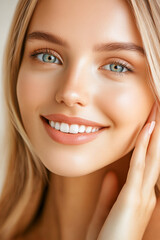 Fototapeta premium Young Woman with Perfectly Clear Skin, Embodying Modern Beauty Standards with a Fresh and Minimalist Aesthetic for Skincare and Wellness Inspiration