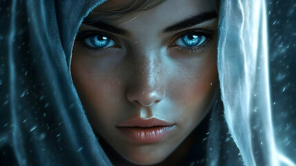 Naklejka premium Digital Painting of a Woman with Vivid Blue Eyes, Wearing a Hood, in a Snowy Scene