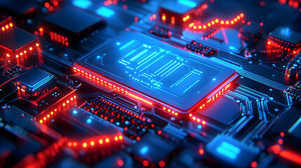 Fototapeta premium Abstract 3D Render of a Futuristic Circuit Board with Glowing Integrated Chip, Highlighting Advanced Technology and Digital Innovation