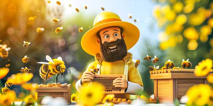 Beekeeper Working with Honeycomb in Flower Field