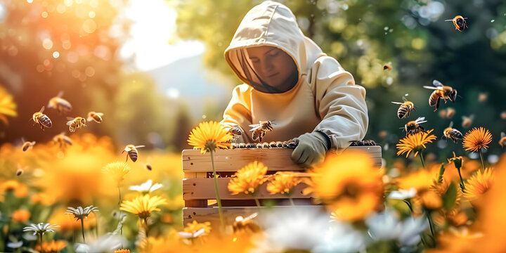 Beekeeper in Protective Gear Tending to Bees