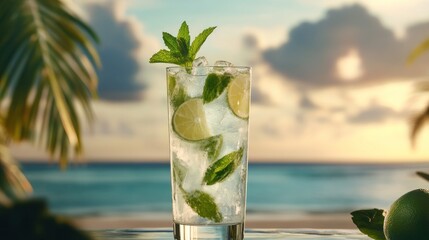 Elegant virgin mojito in a tall glass, fresh mint and lime garnish, set against a beach background