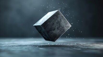 Floating Stone Cube with Glimmering Particles