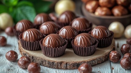 A wooden board with several chocolate truffles and hazelnuts.
