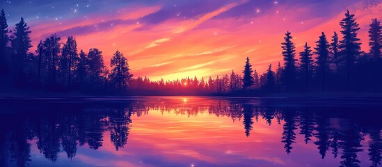 Obraz premium Vibrant sunset over a calm lake reflecting colorful skies and silhouettes of trees creating a serene and picturesque natural landscape