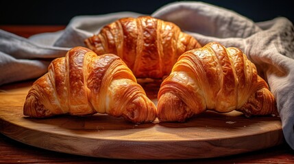 Three Golden Croissants on a Wooden Board