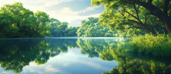 A serene landscape showcasing lush greenery with a calm water body reflecting the surrounding nature creating a peaceful and tranquil atmosphere