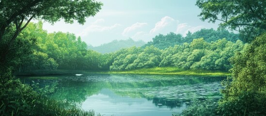 A serene landscape showcasing lush greenery with a calm water body reflecting the surrounding nature creating a peaceful and tranquil atmosphere