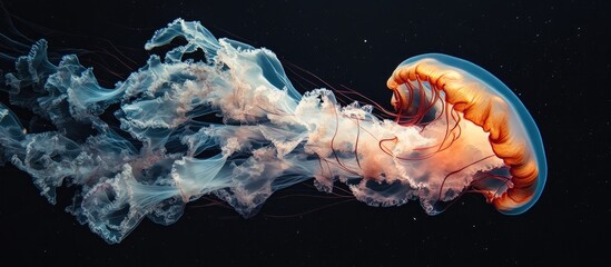 A surreal composition showcases a jellyfish with tentacles that morph into delicate floating ribbons evoking a feeling of grace and tranquility