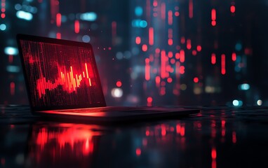 Laptop on desk with falling red candlestick chart and blurry recession background, financial crisis and market downturn concept, double exposure visualization