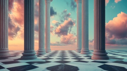 Surreal landscape featuring Roman columns and a checkered floor design