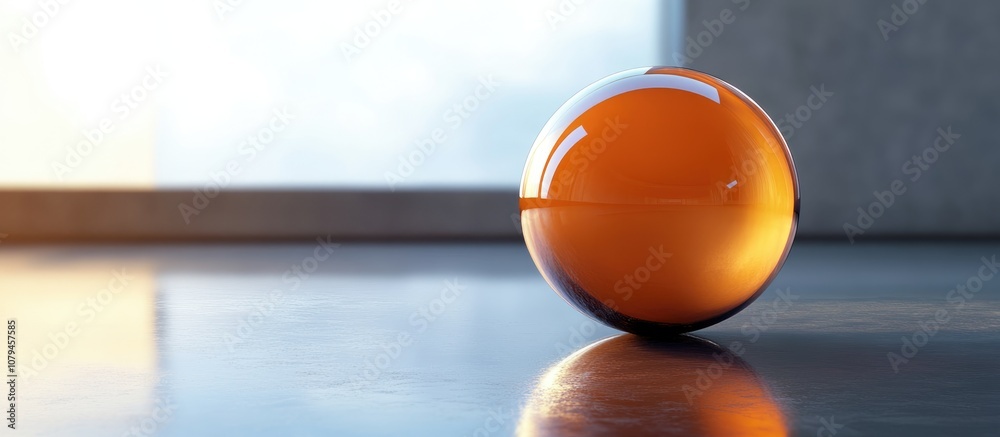 Wall mural sphere shaped object on a smooth surface highlighting its glossy texture and reflections
