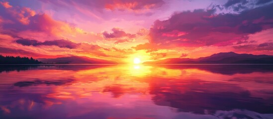 Fototapeta premium Vibrant sunset casting colorful reflections over serene water creating a peaceful atmosphere in a natural setting