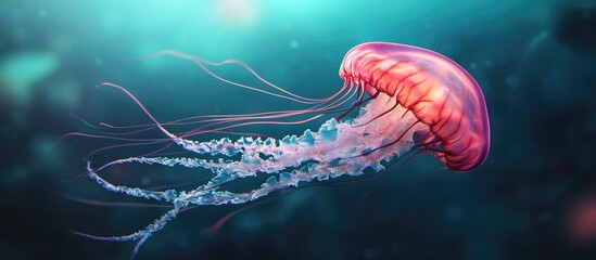 A surreal composition showcases a jellyfish with tentacles that morph into delicate floating ribbons evoking a feeling of grace and tranquility