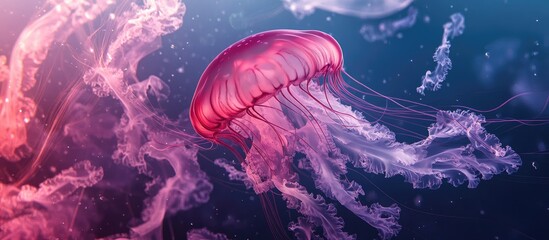 A surreal composition showcases a jellyfish with tentacles that morph into delicate floating ribbons evoking a feeling of grace and tranquility