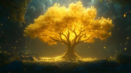 A golden tree glowing with radiant light, towering among ordinary green trees in a dense forest, symbolizing uniqueness and resilience against nature