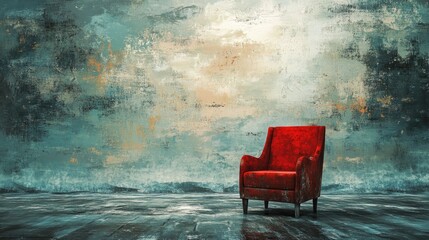 Red chair in a surreal landscape symbolizing solitude sadness depression and loneliness depicted through a painting illustration in conceptual art style