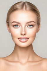 Obraz premium Radiant Young Woman with Flawless Skin Highlighting Natural Beauty, Perfect for Skincare, Cosmetics, and Beauty Product Campaigns