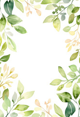 Watercolor frame of green leaves white background pastel colors sage green clipart style with margins high resolution no text in the middle of th