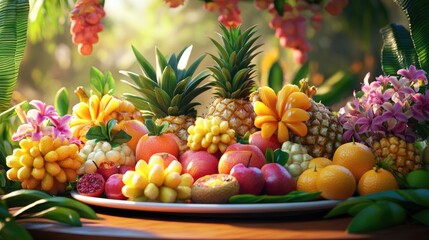Assorted tropical fruits and flowers for a traditional ceremony Celebratory event with a focus on healthy vegan and vegetarian options