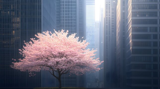 A lone cherry blossom tree blossoming in the center of a crowded intersection, people rushing by, unaware of its tranquil presence amidst the chaos