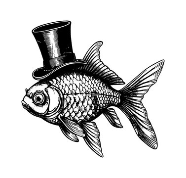 recommend clip art: gold fish top hat engraving black and white outline