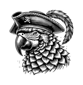 parrot pirate hat engraving black and white outline