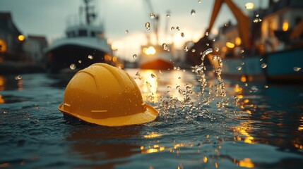 A yellow hard hat floats in the water at a harbor.